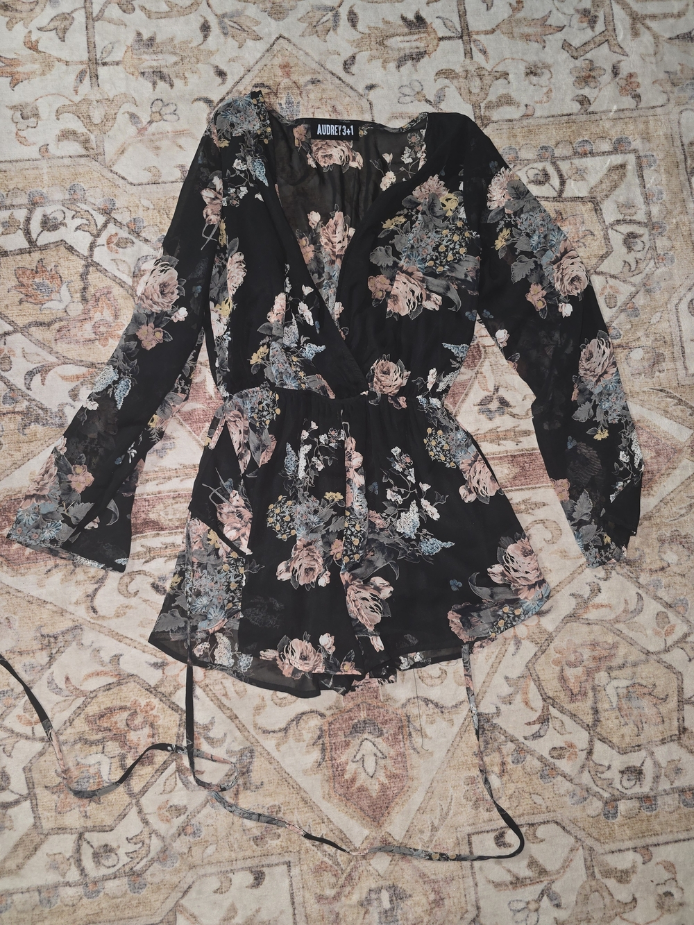 Audrey 3+1 Black Floral Wrap Sheer Romper